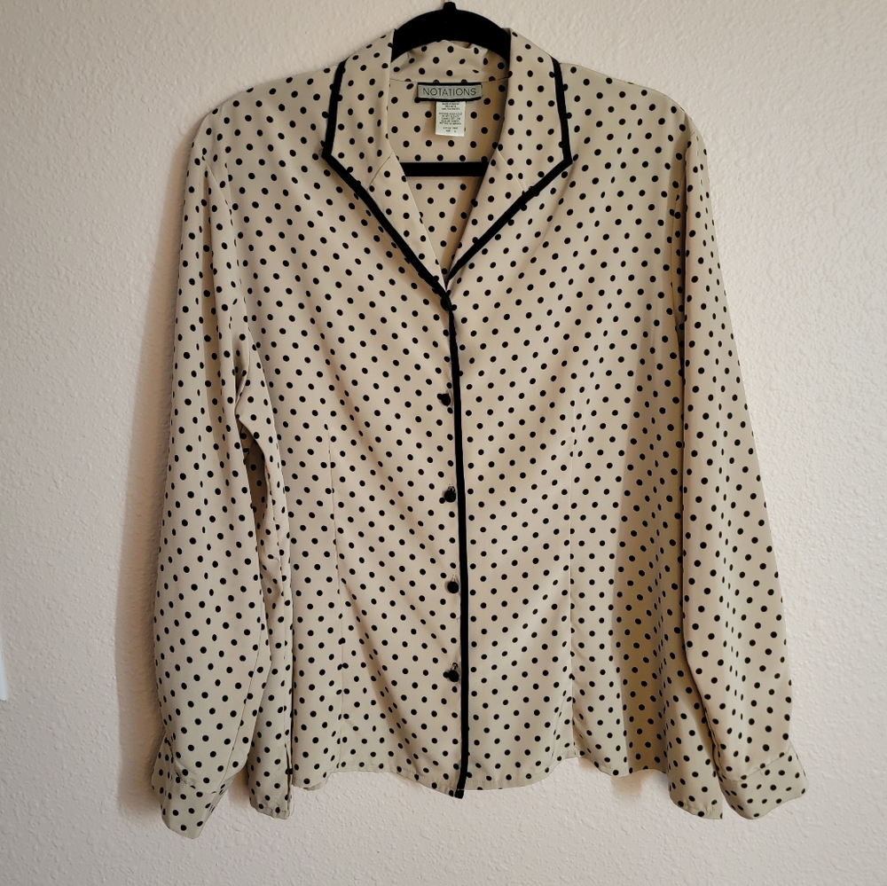 Notations Tan Beige Black Polka Dot Retro Vintage Button Up Collared Long Sleeve